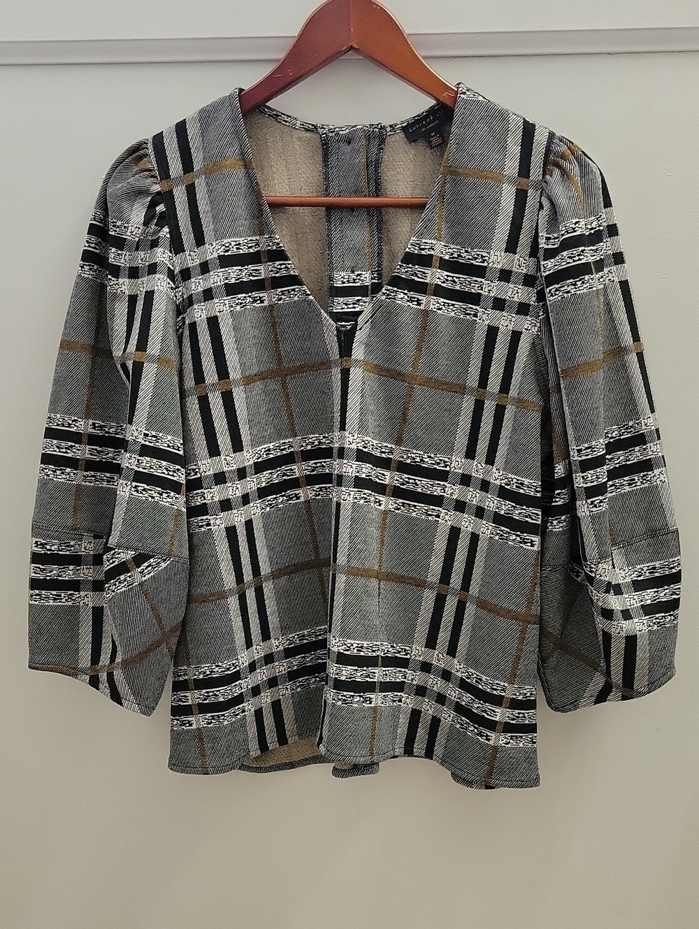 Anthropologie - Current Air Plaid Structured V-Neck Puff Sleeve Top Size Medium